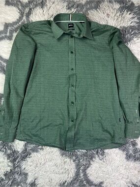 BOSS Men's Slim Fit Green Dot Pattern Long Sleeve Casual Button Down Shirt Sz L